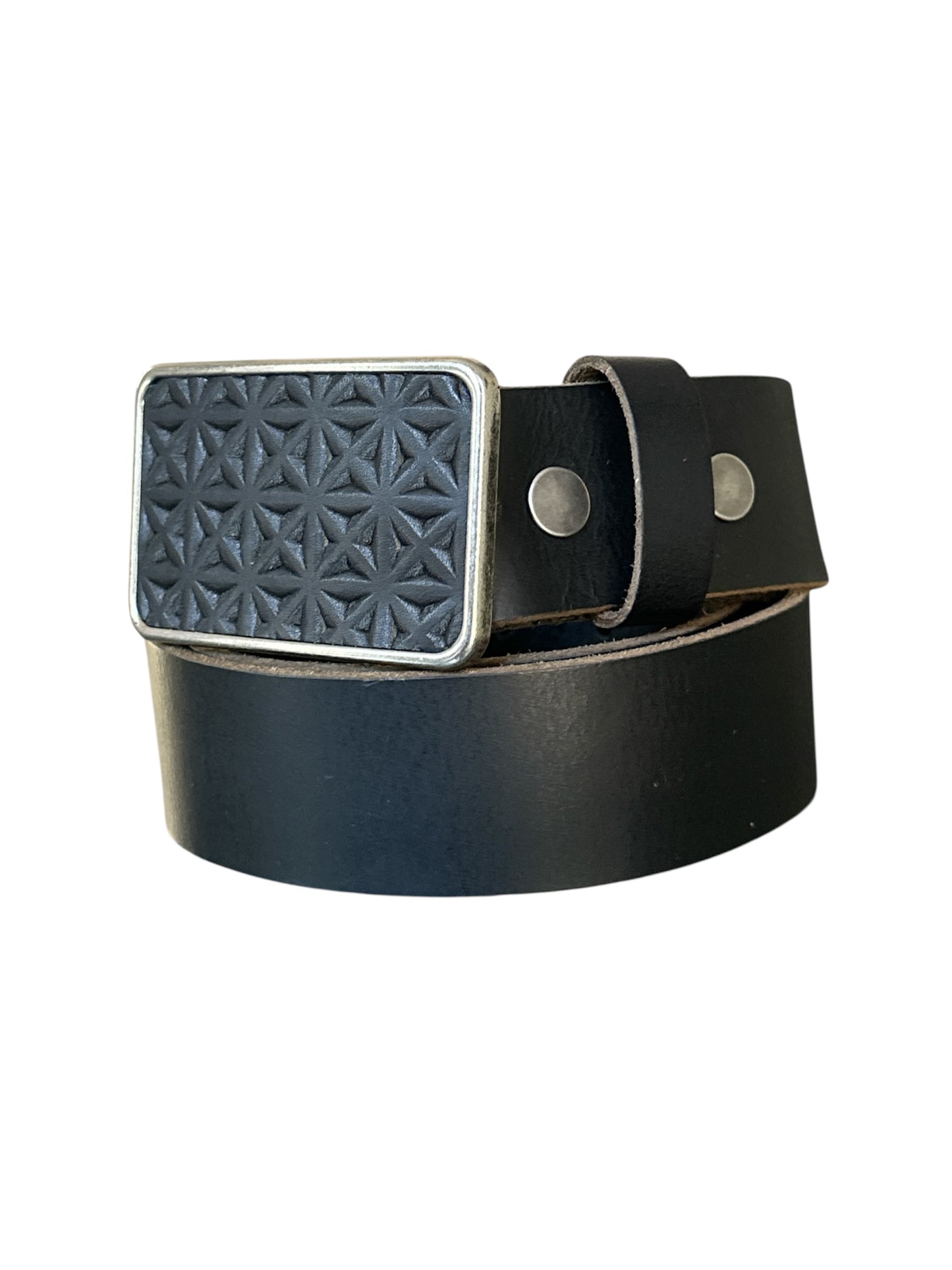 Embossed Black Leather Rectangular Belt Buckle in Antique Silver or Antique Brass
