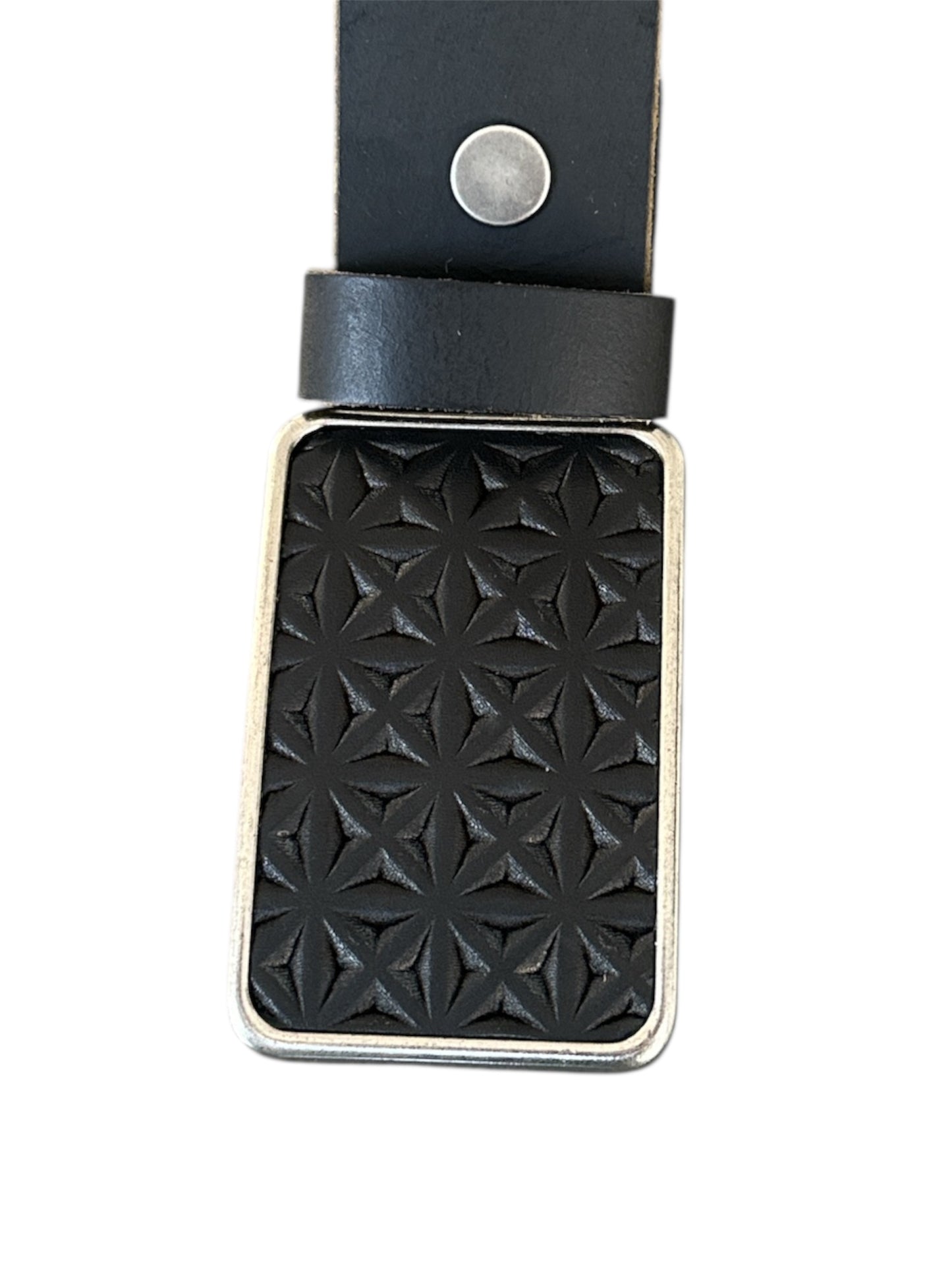 Embossed Black Leather Rectangular Belt Buckle in Antique Silver or Antique Brass