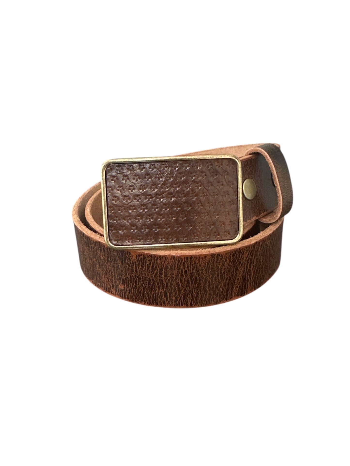 Star Embossed Brown Leather Belt Buckle