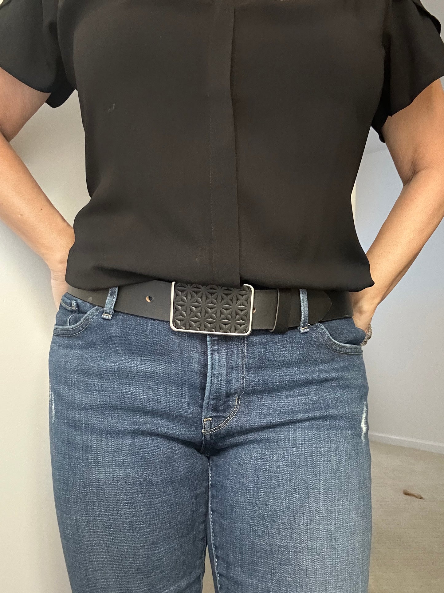Embossed Black Leather Rectangular Belt Buckle in Antique Silver or Antique Brass
