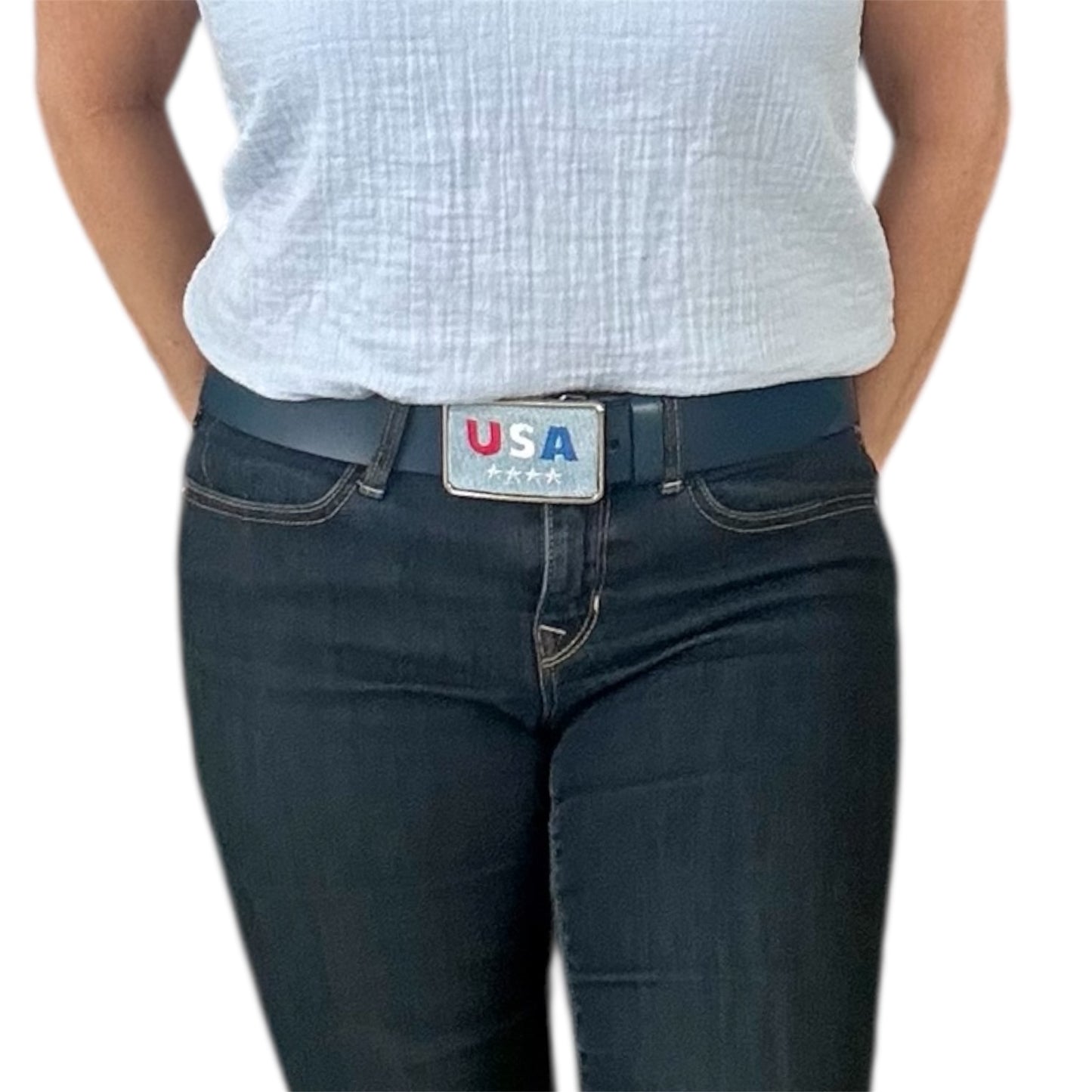 Blue Leather No Buckle Belt Strap