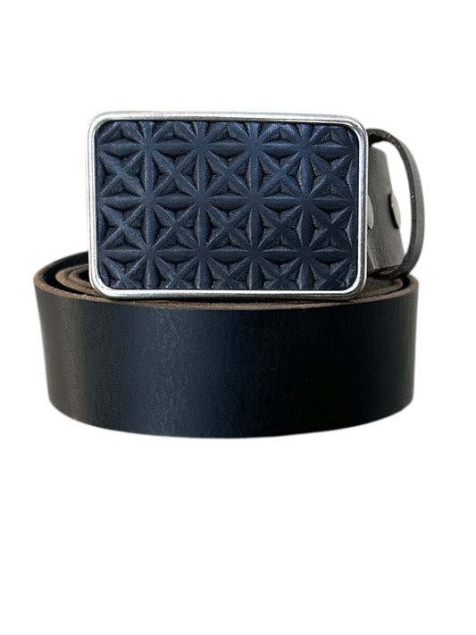 Embossed Black Leather Rectangular Belt Buckle in Antique Silver or Antique Brass