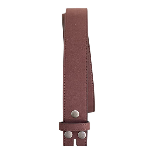 A stitched brown suede belt with silver-tone metal rivets and a matching keeper, shown vertically on a plain white background.