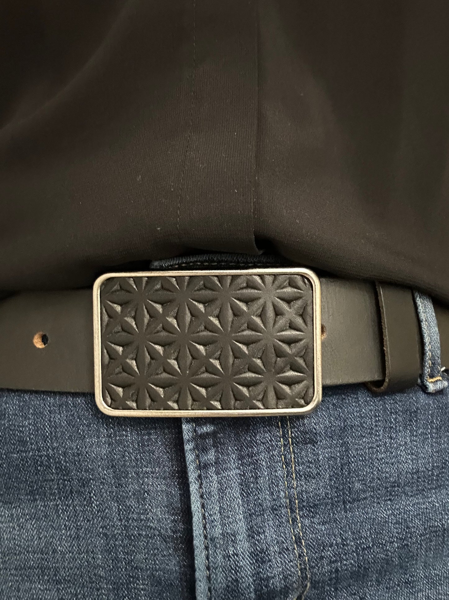 Embossed Black Leather Rectangular Belt Buckle in Antique Silver or Antique Brass