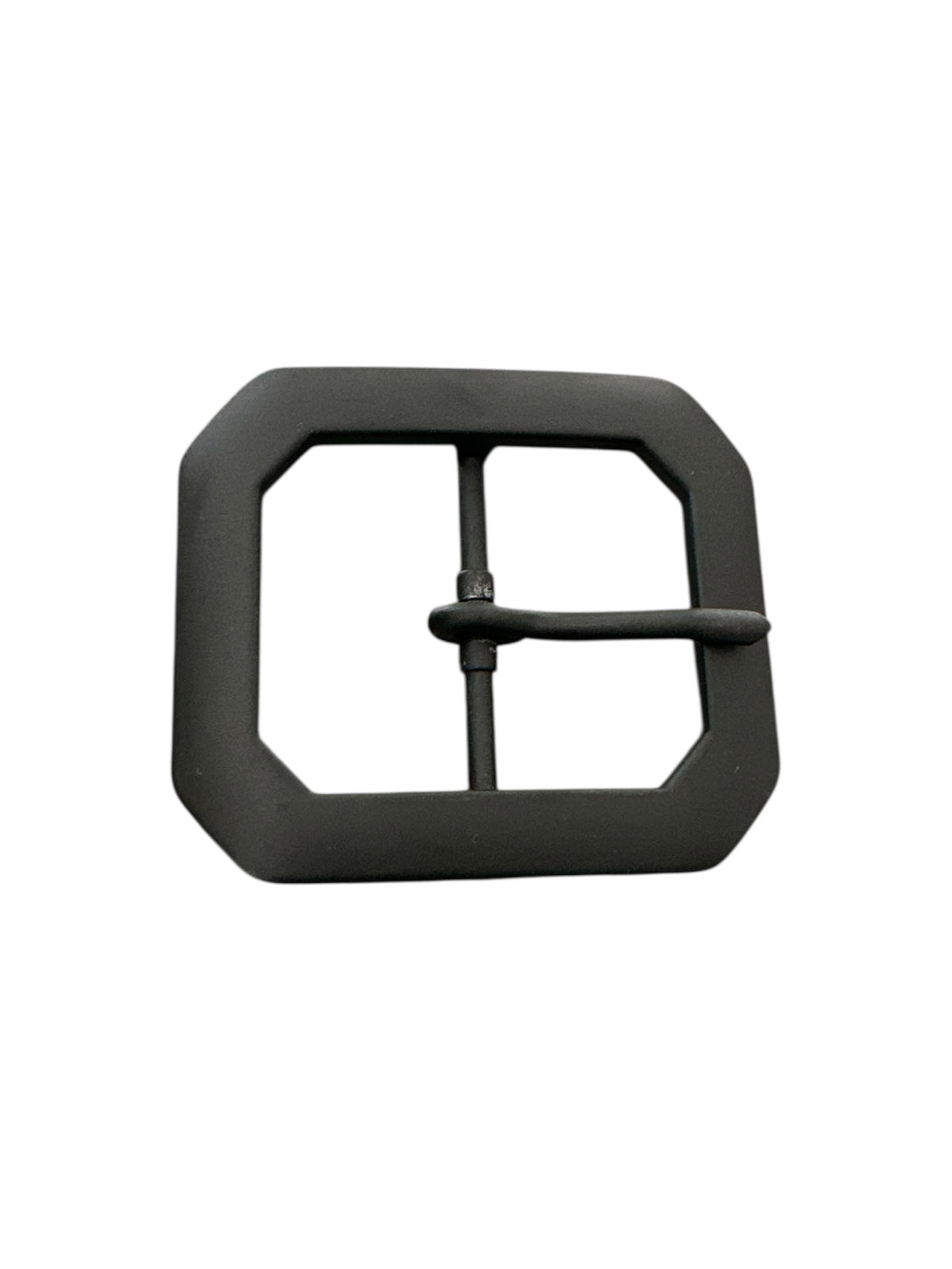 Black belt buckle in a matte finish on a white background