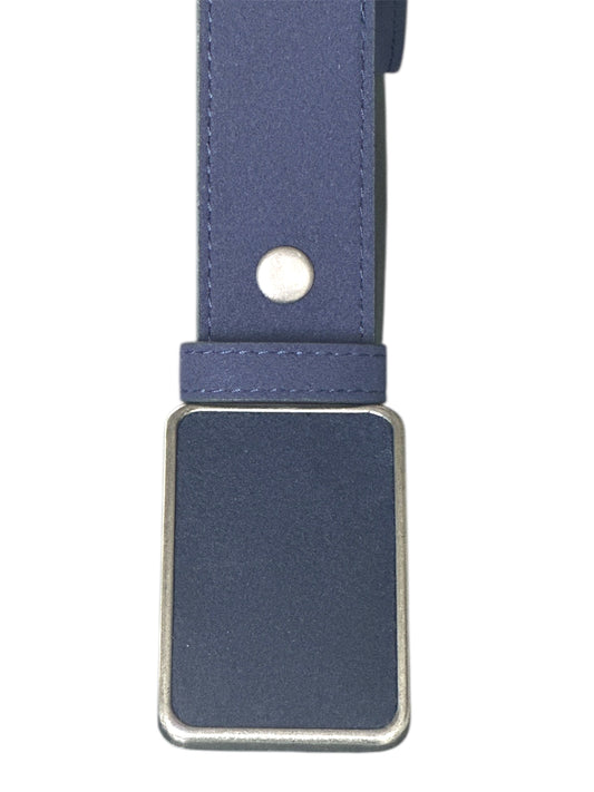Vertical Blue stitched suede belt with a blue suede rectangular buckle on a white background