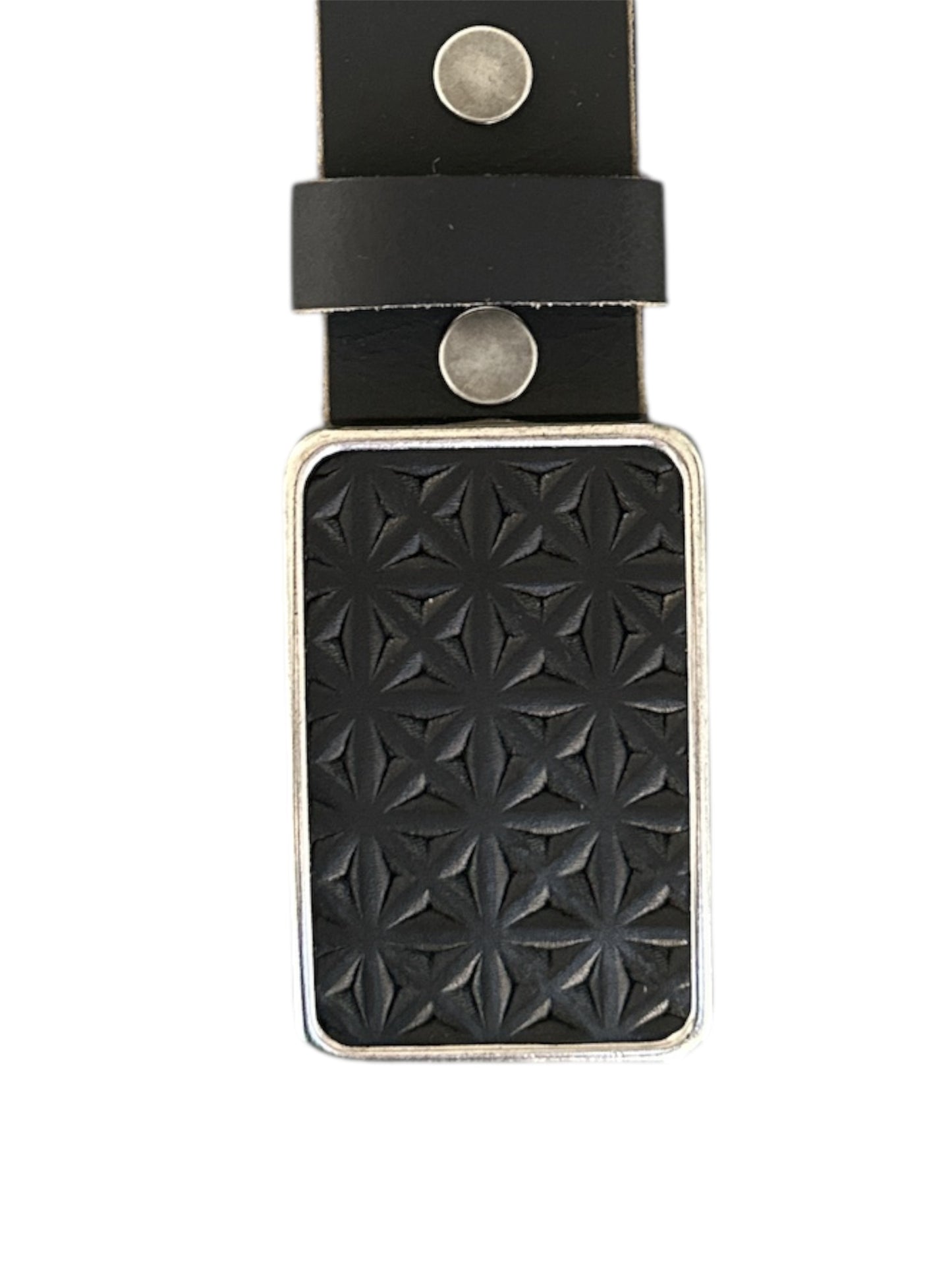Embossed Black Leather Rectangular Belt Buckle in Antique Silver or Antique Brass