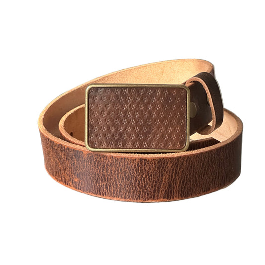 Star Embossed Brown Leather Belt Buckle