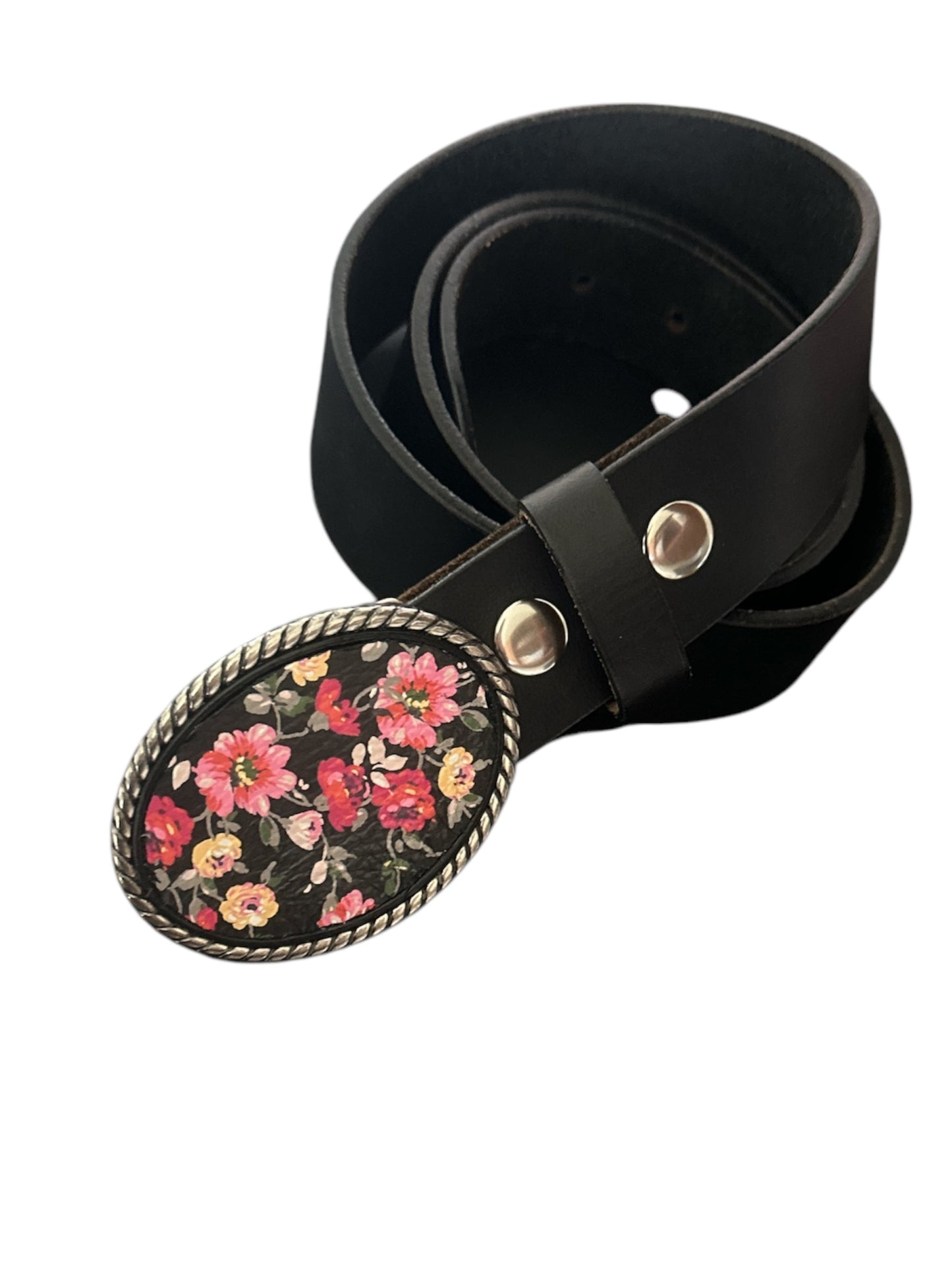 Black Floral Leather Belt Buckle