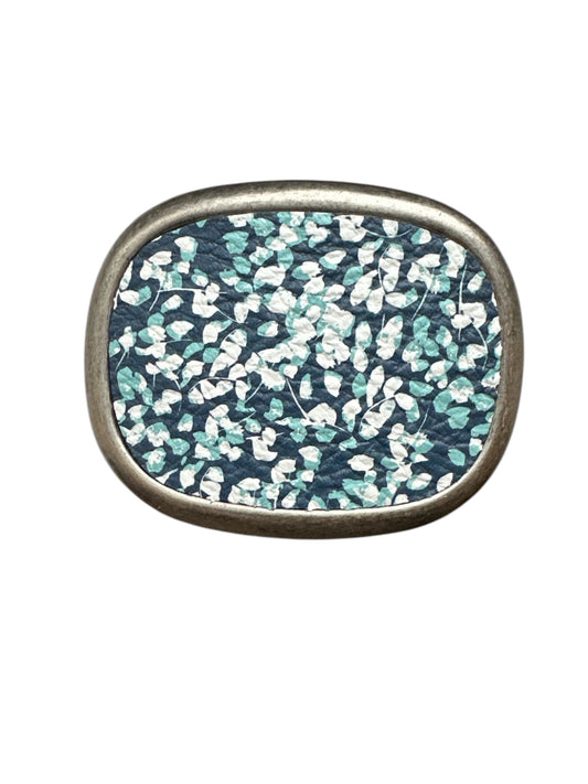 Turquoise Flowers on Navy Leather Belt Buckle
