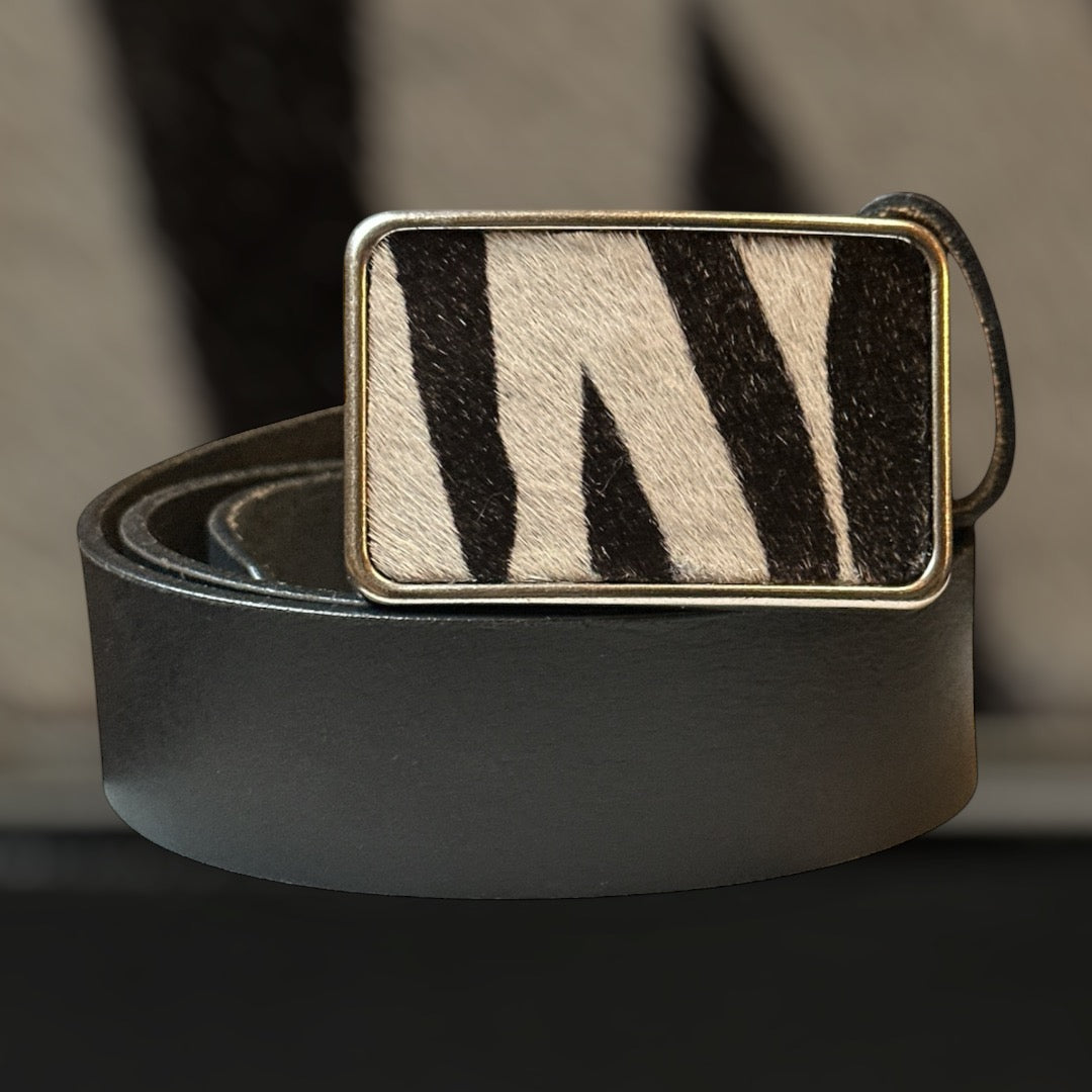 Zebra Print Hair on Rectangular Leather Belt Buckle