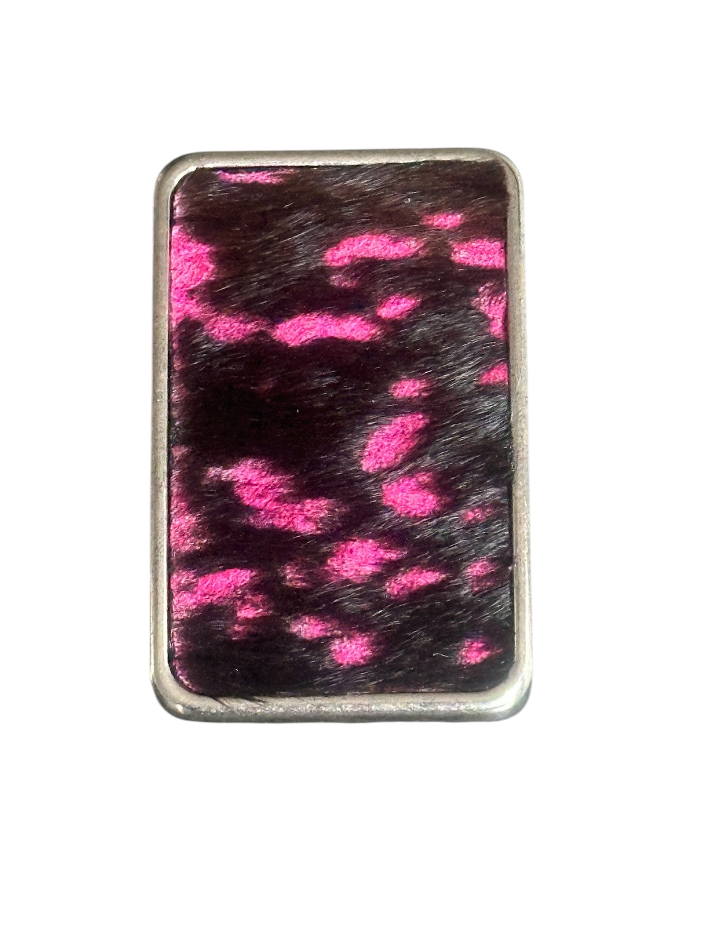 Black and Hot Pink Hair on Leather Belt Buckle