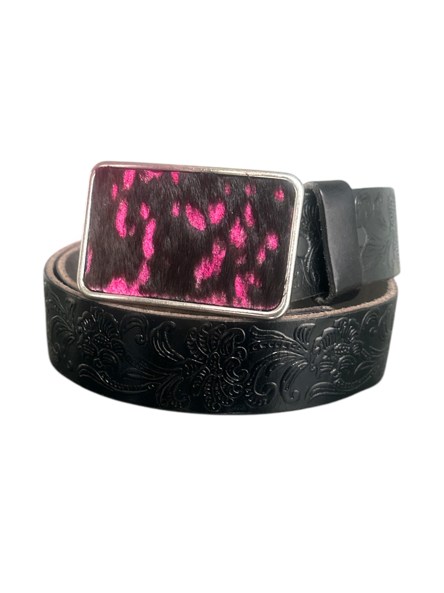 Black and Hot Pink Hair on Leather Belt Buckle