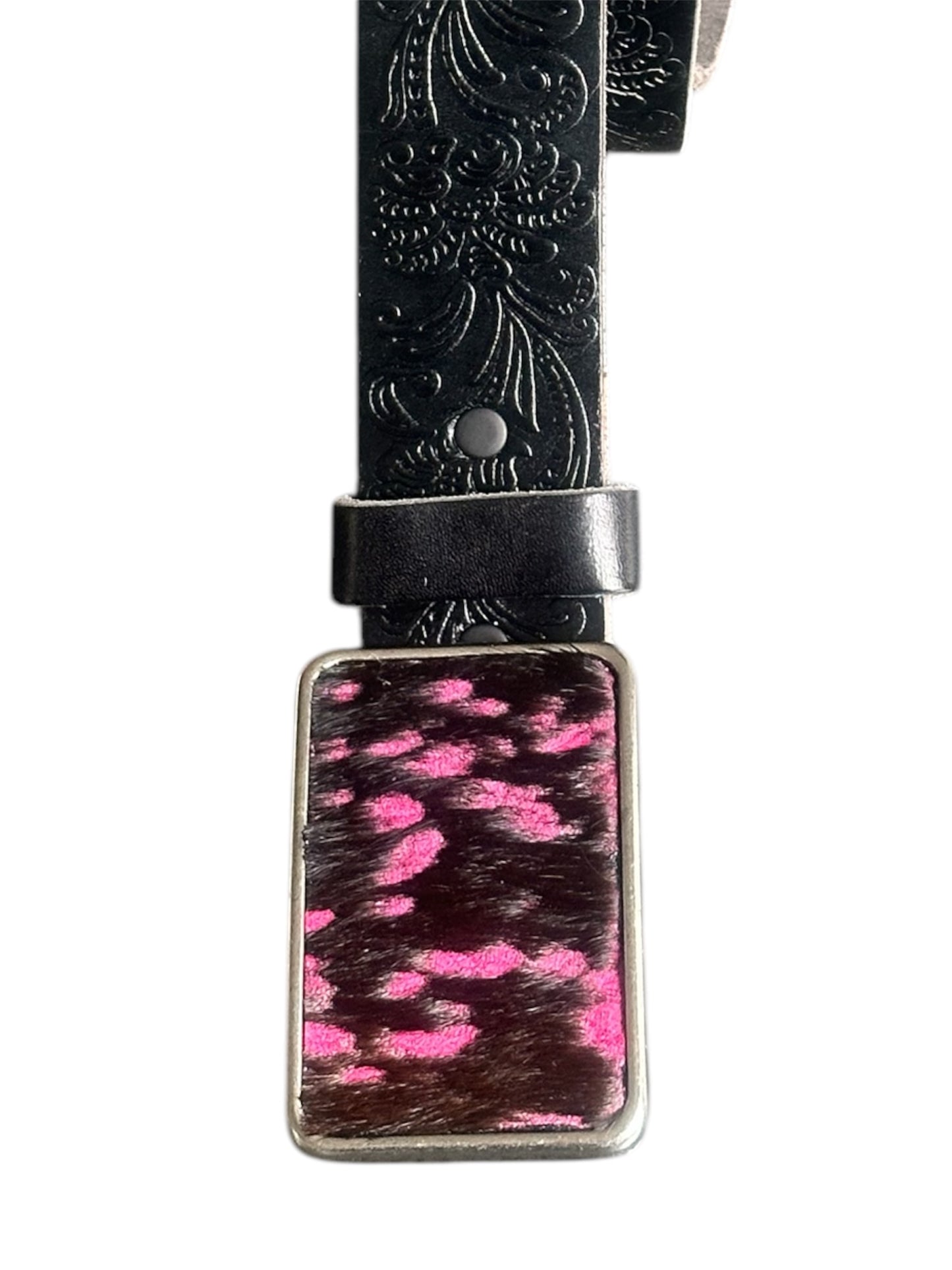 Black and Hot Pink Hair on Leather Belt Buckle