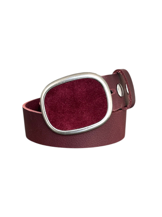 Burgundy Suede Oval Belt Buckle - Antique Silver or Antique Brass