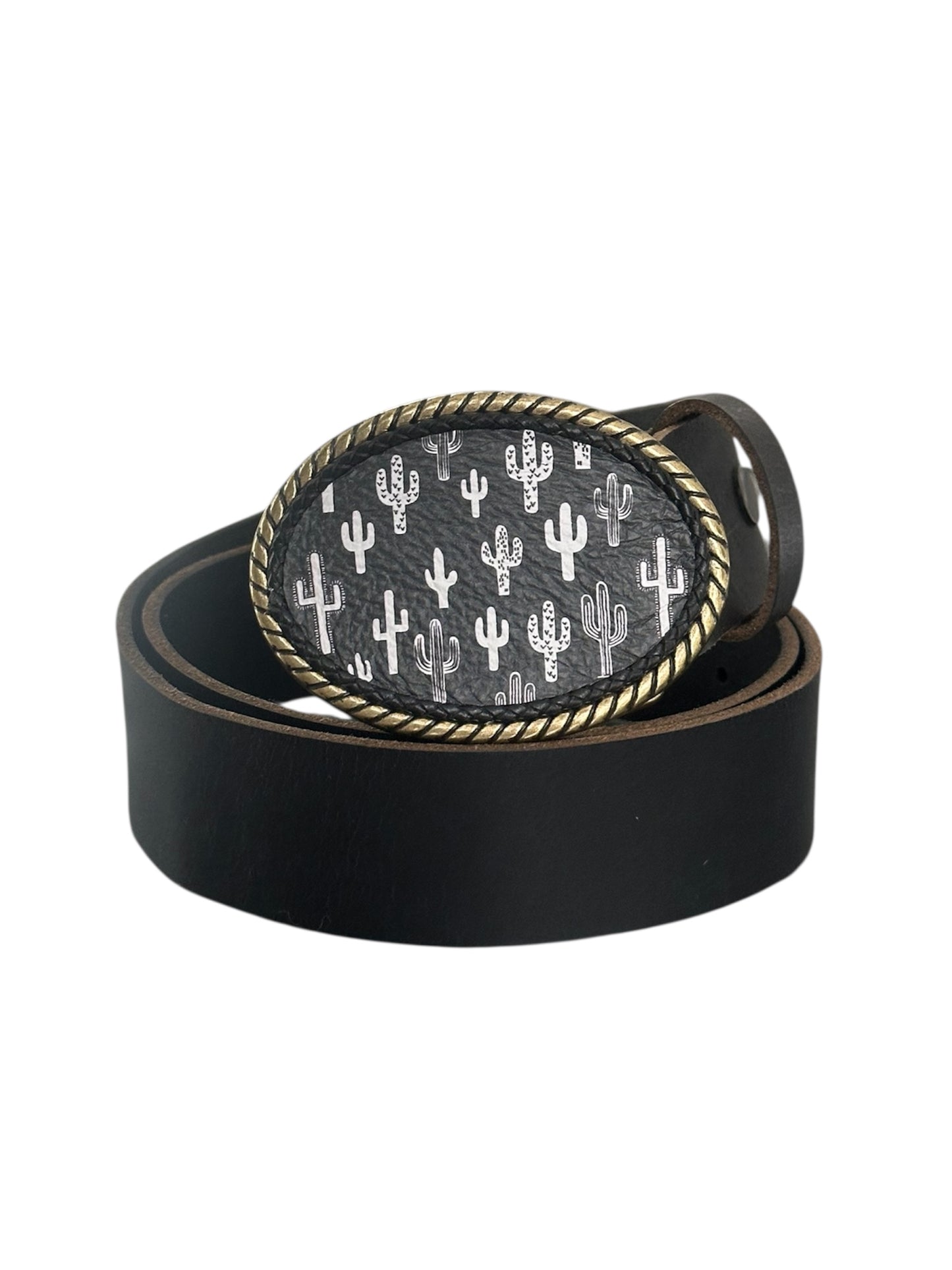 Western Black Leather Belt Buckle with White Cactuses