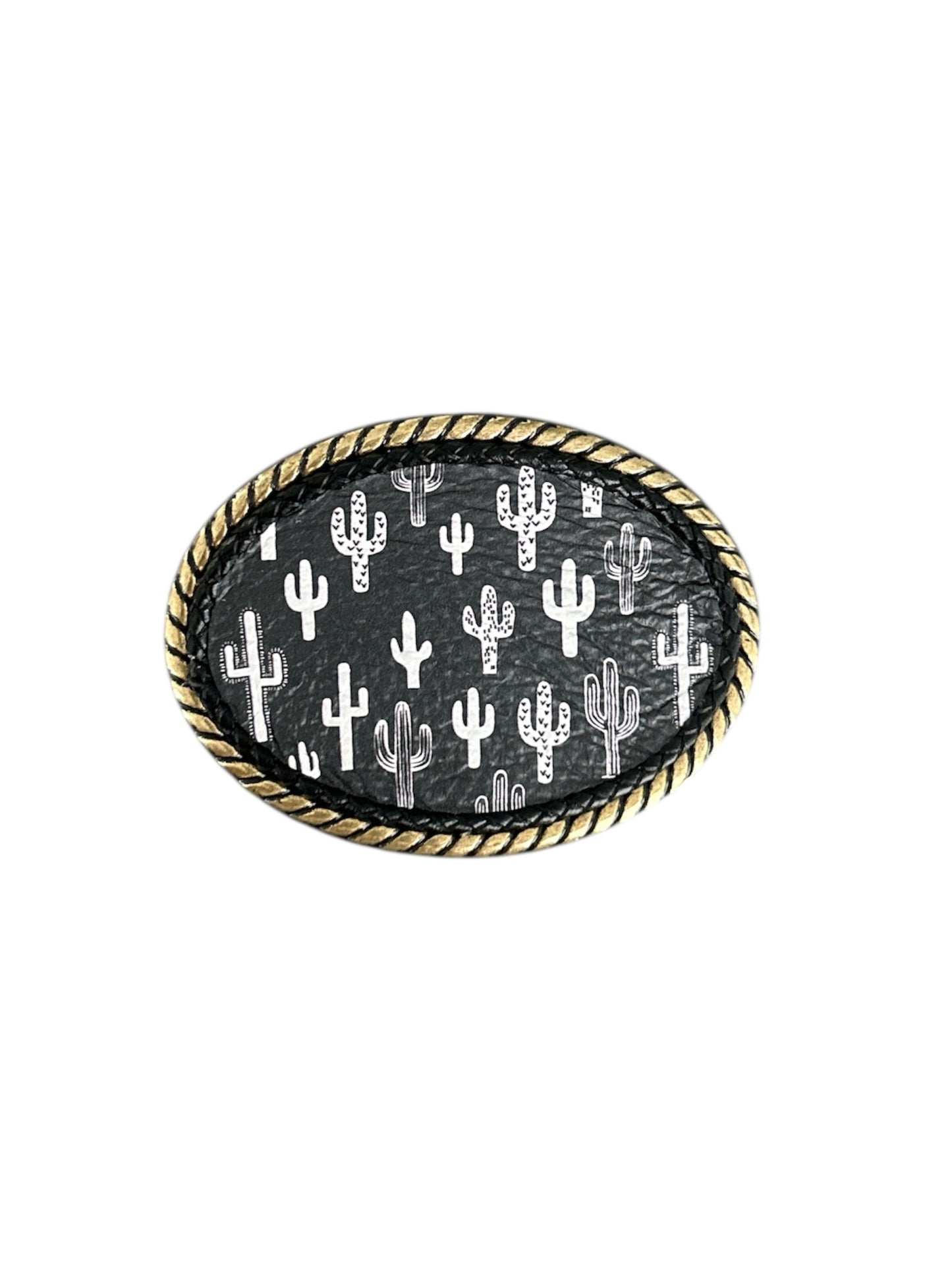 Western Black Leather Belt Buckle with White Cactuses