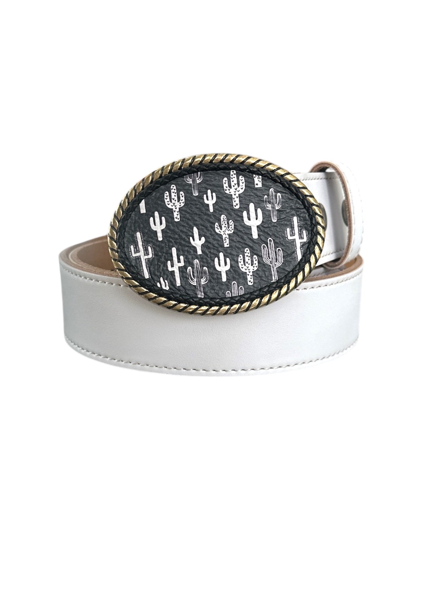 Western Black Leather Belt Buckle with White Cactuses