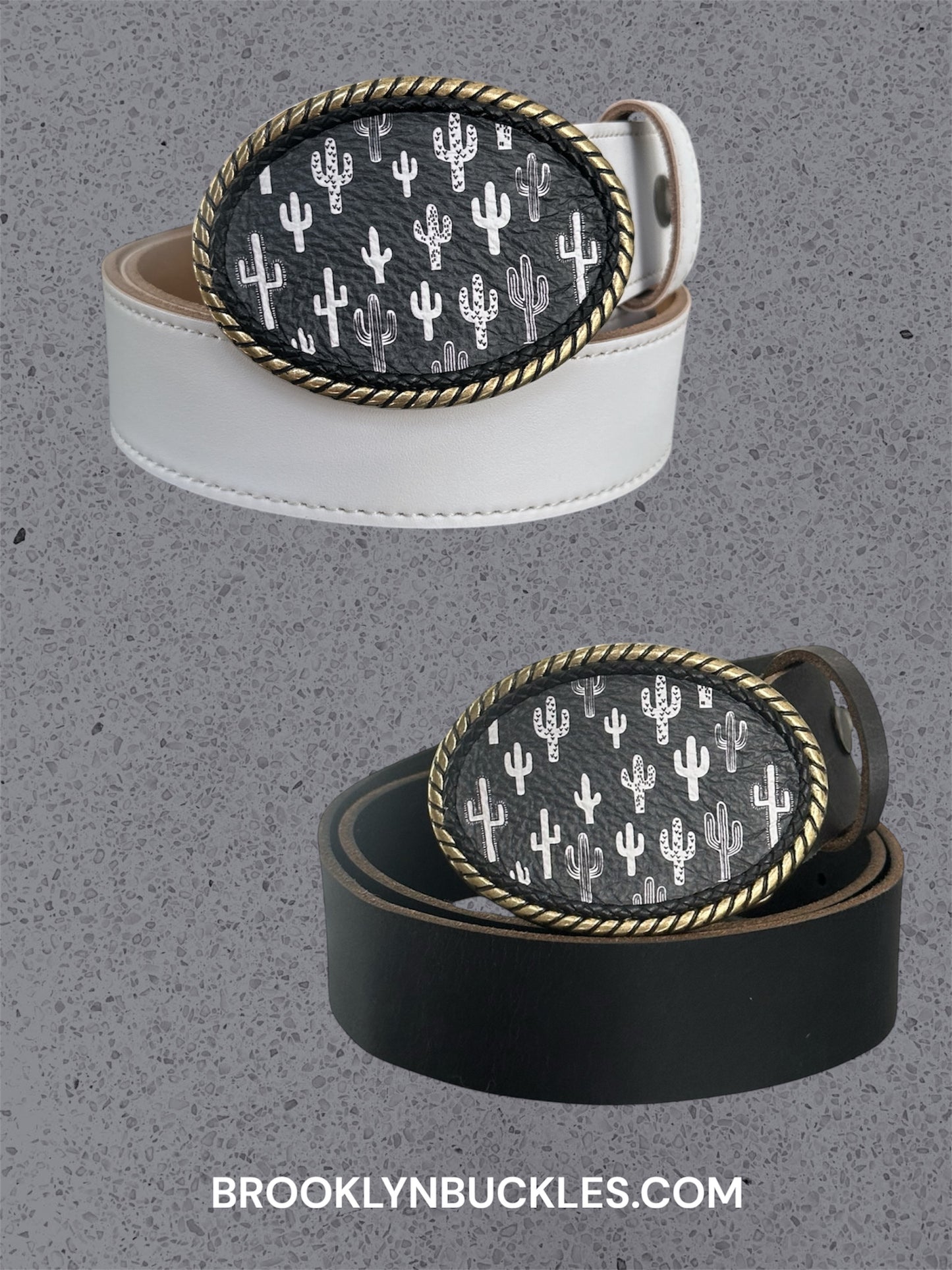 Western Black Leather Belt Buckle with White Cactuses