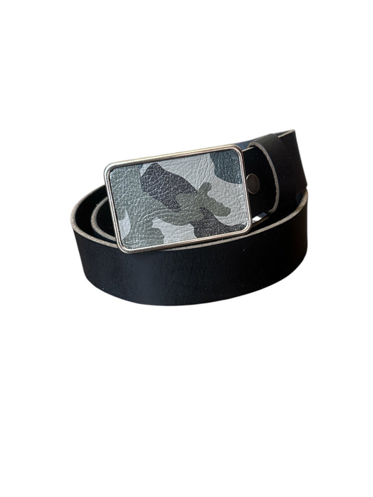 Gray Camouflage Leather Rectangular Belt Buckle