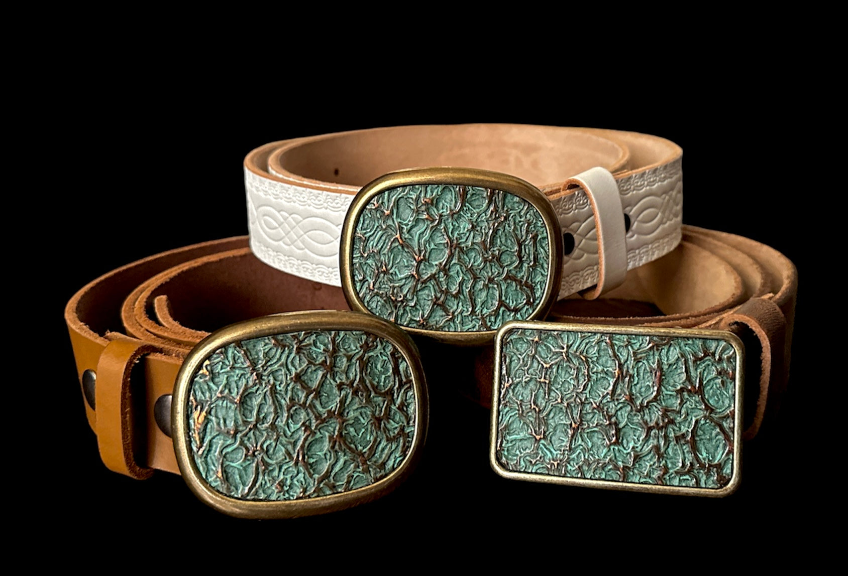 turquoise leather on belt buckle with bronze accents