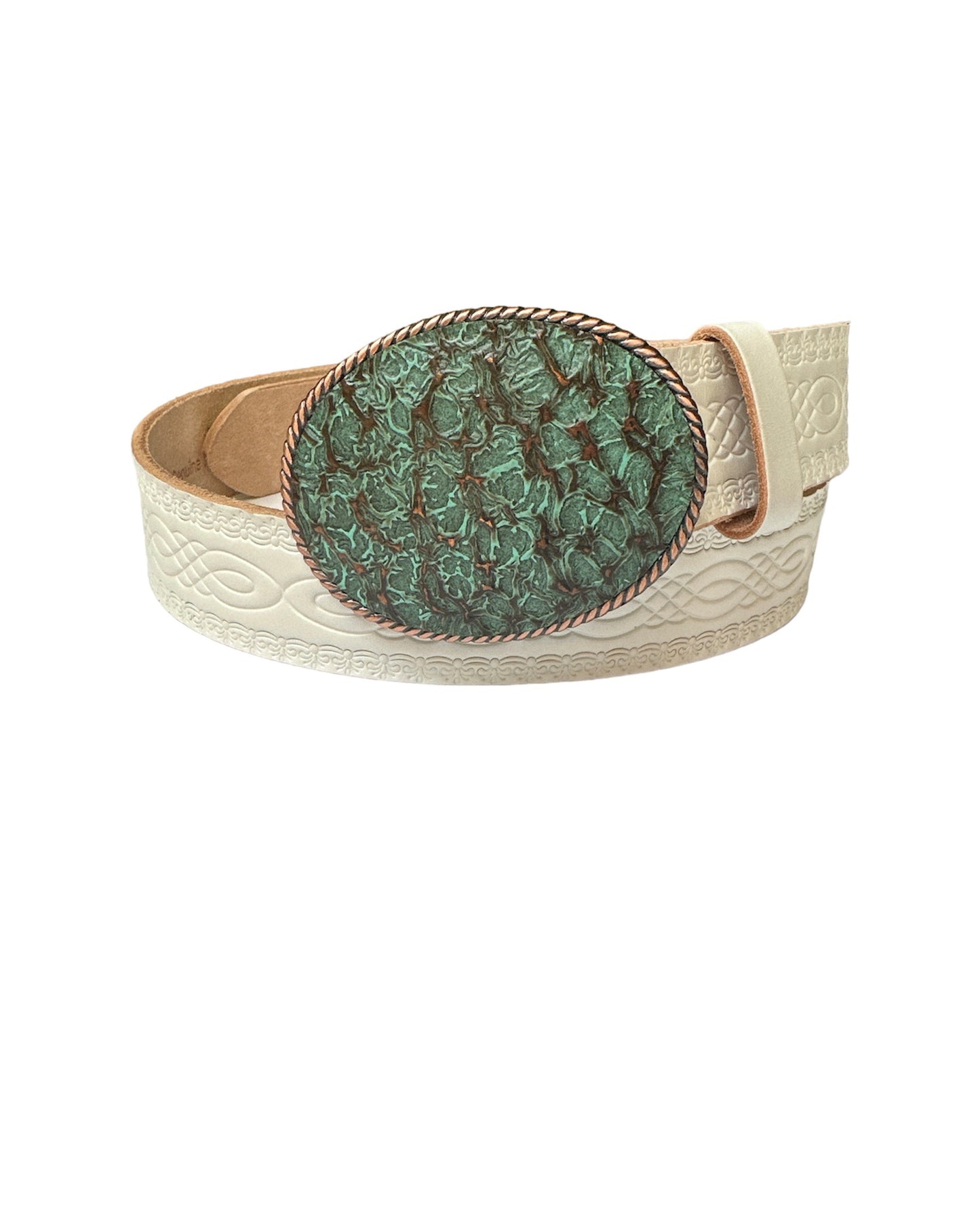 Turquoise Embossed Leather With Bronze Accents Belt Buckle