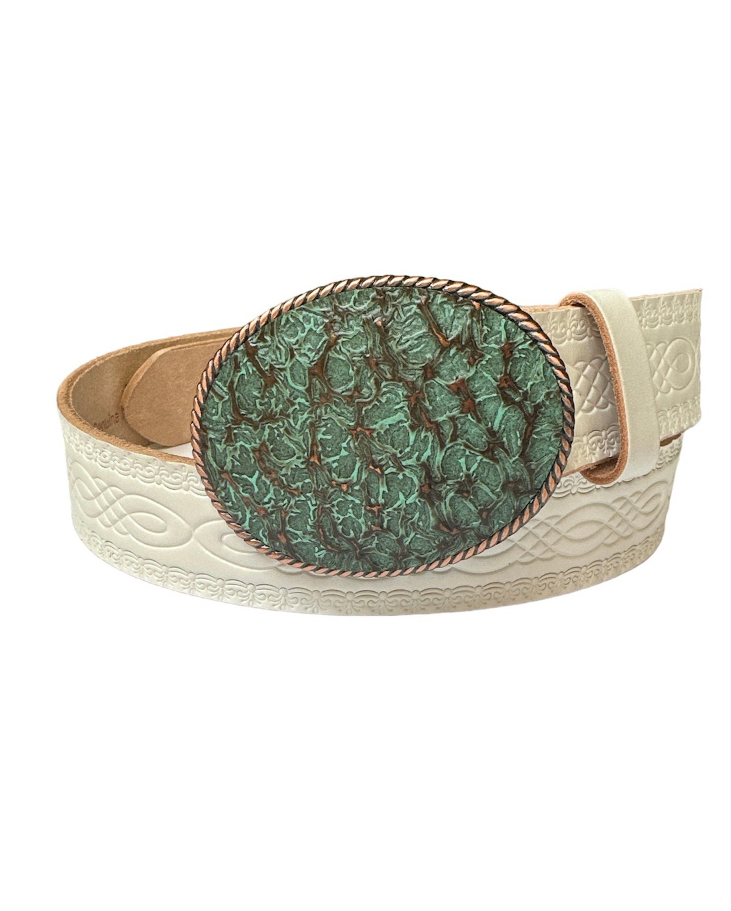 Turquoise Embossed Leather On Copper Belt Buckle