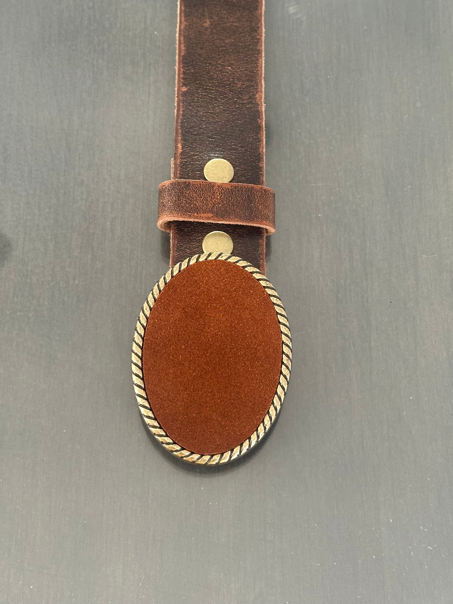 Cognac Brown Suede Oval Belt Buckle