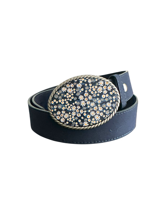 floral print on cork leather oval belt buckle