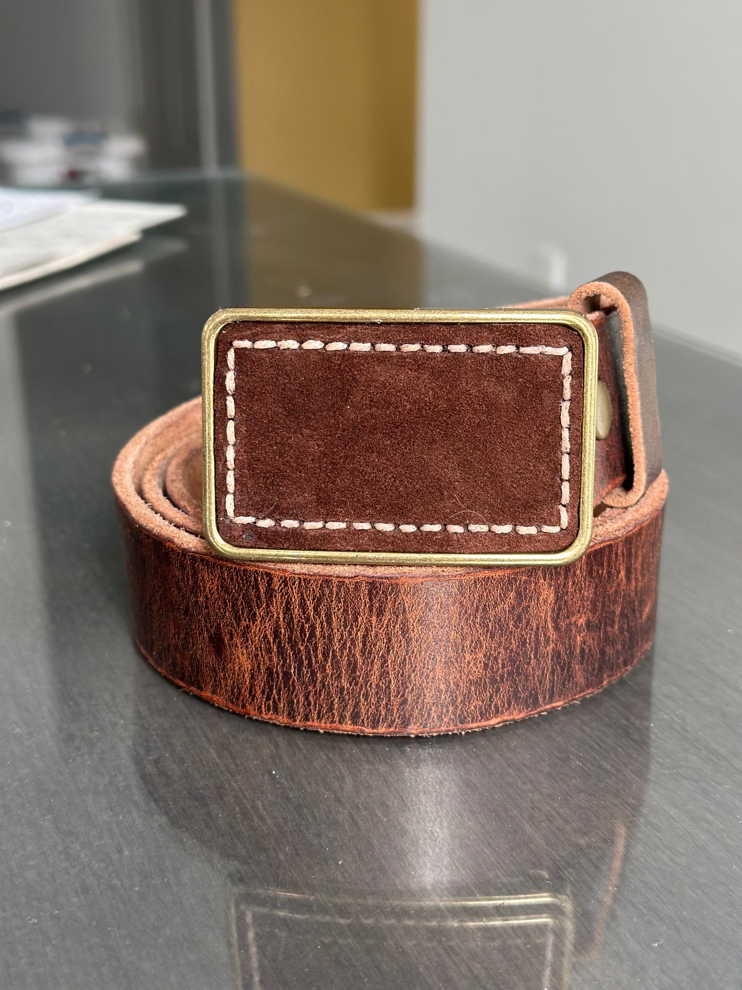 Stitched Espresso Brown Suede Belt Buckle