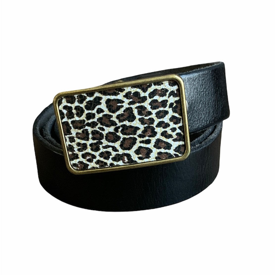 Leopard Print Leather Belt Buckle in White and Black Interchangeable Belt Set