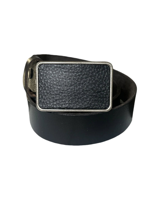 Black Pebbled Leather Rectangular Belt Buckle and Black Interchangeable Belt Set