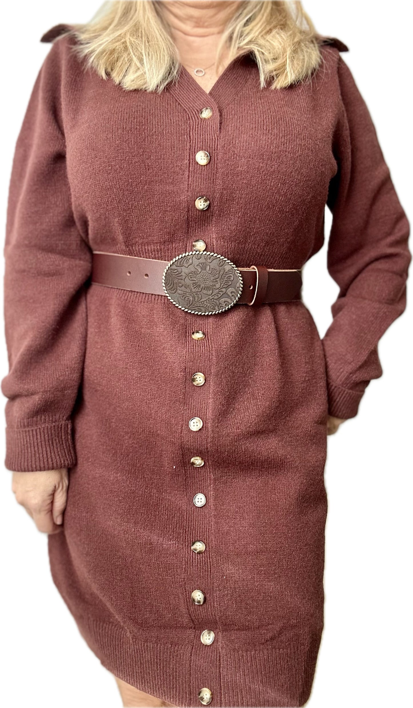 Dark Brown Floral Embossed Leather Belt Buckle