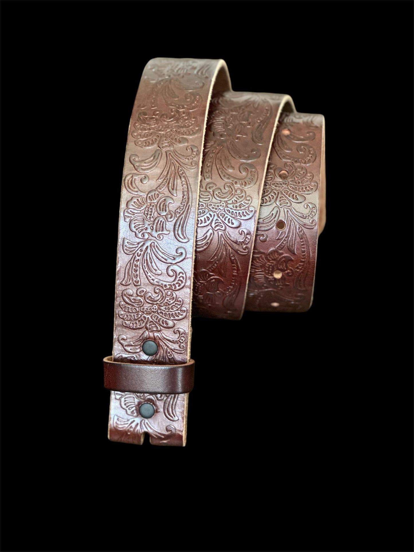 Brown Western Embossed Leather No Buckle Belt