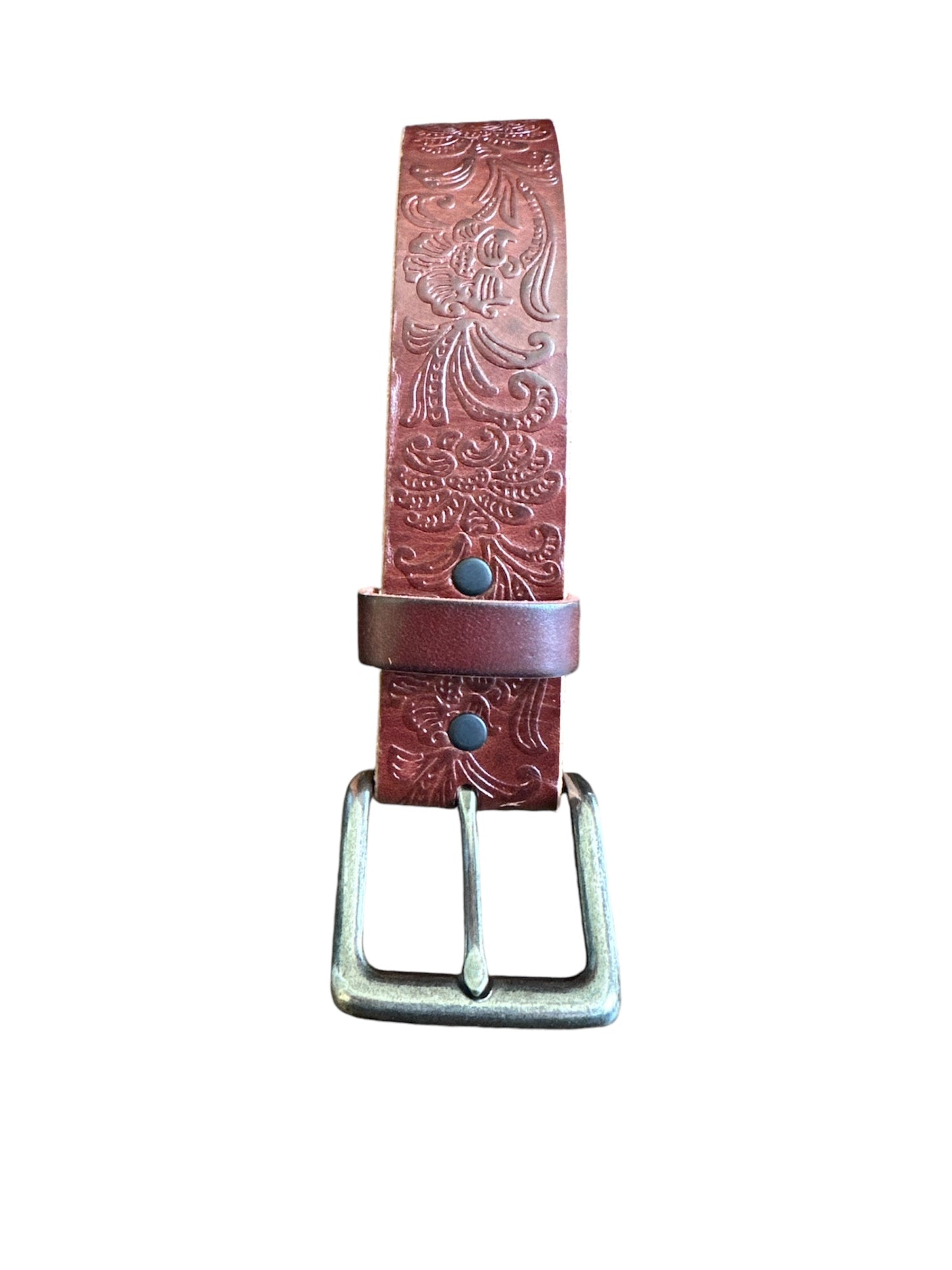 Brown Western Embossed Leather No Buckle Belt