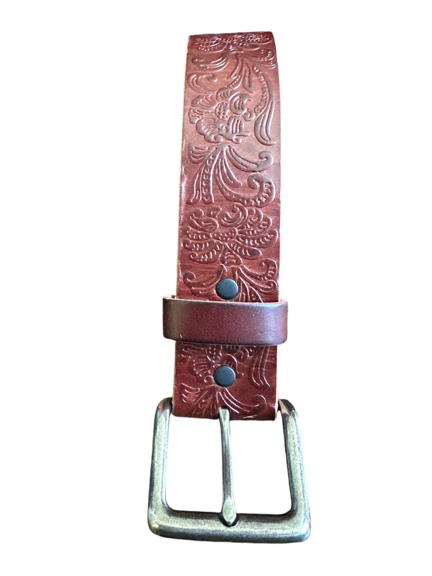 Brown Western Embossed Leather No Buckle Belt