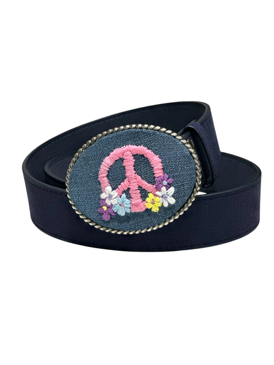 Peace Sign With Flowers Hand Stitched on Denim