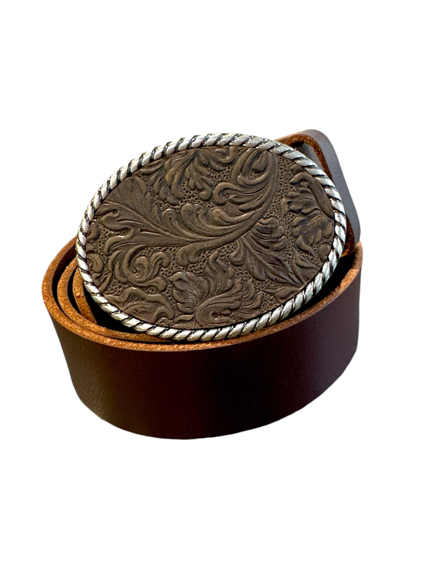Dark Brown Floral Oval Leather Belt Buckle