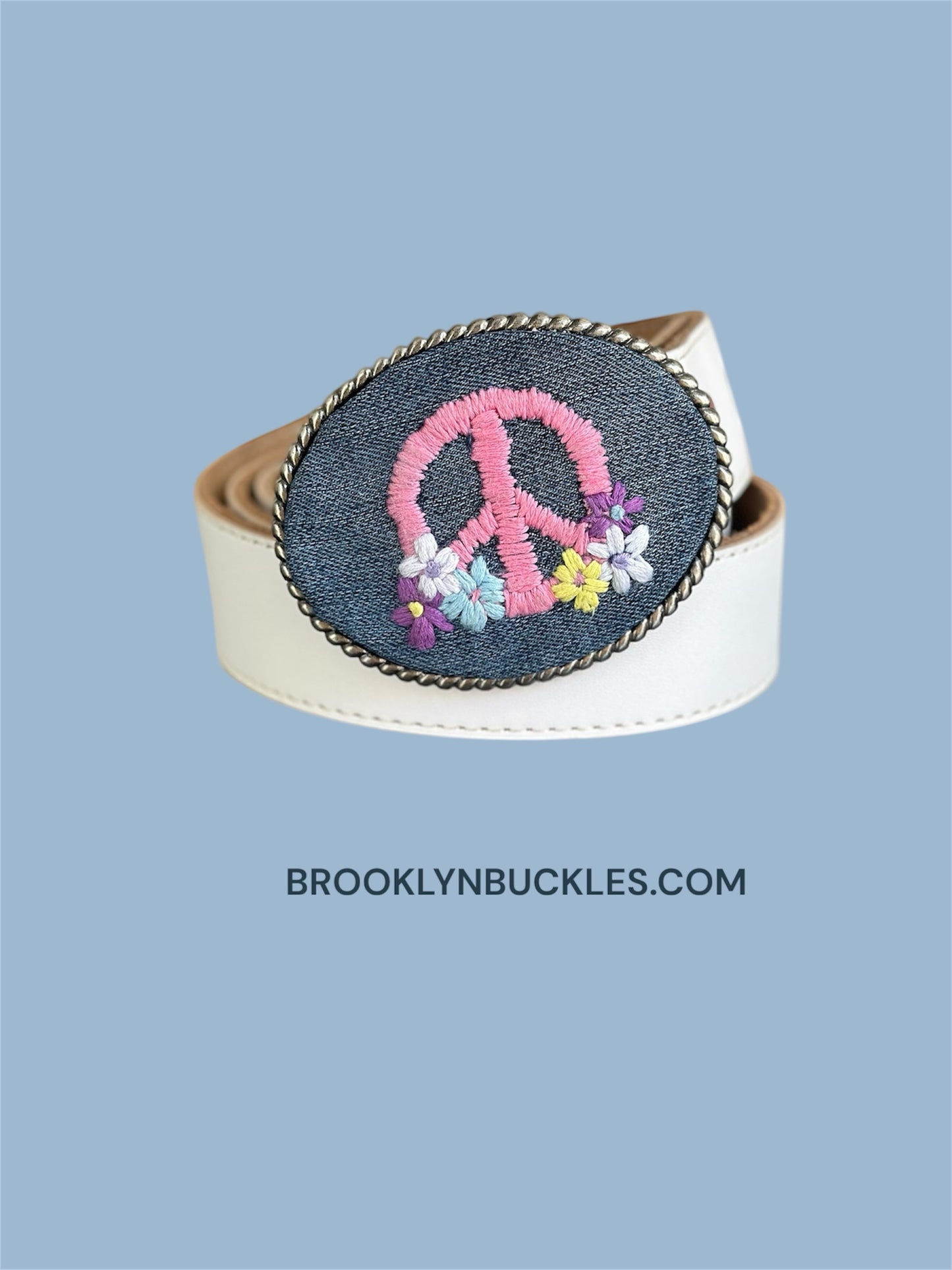 Peace Sign With Flowers Hand Stitched on Denim