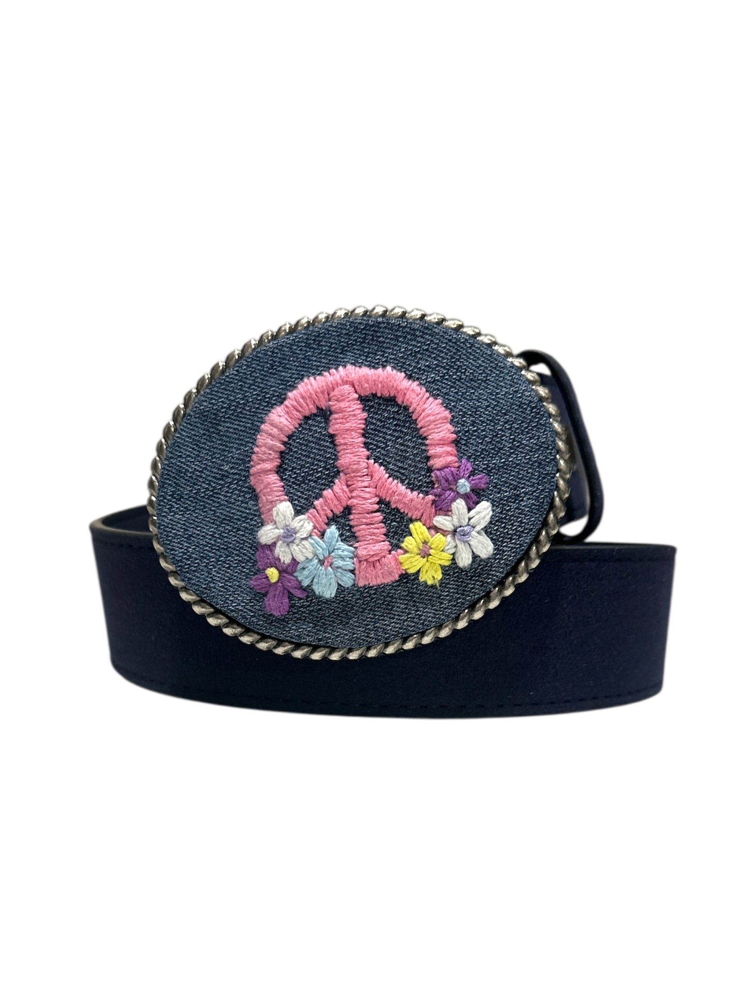 Peace Sign With Flowers Hand Stitched on Denim