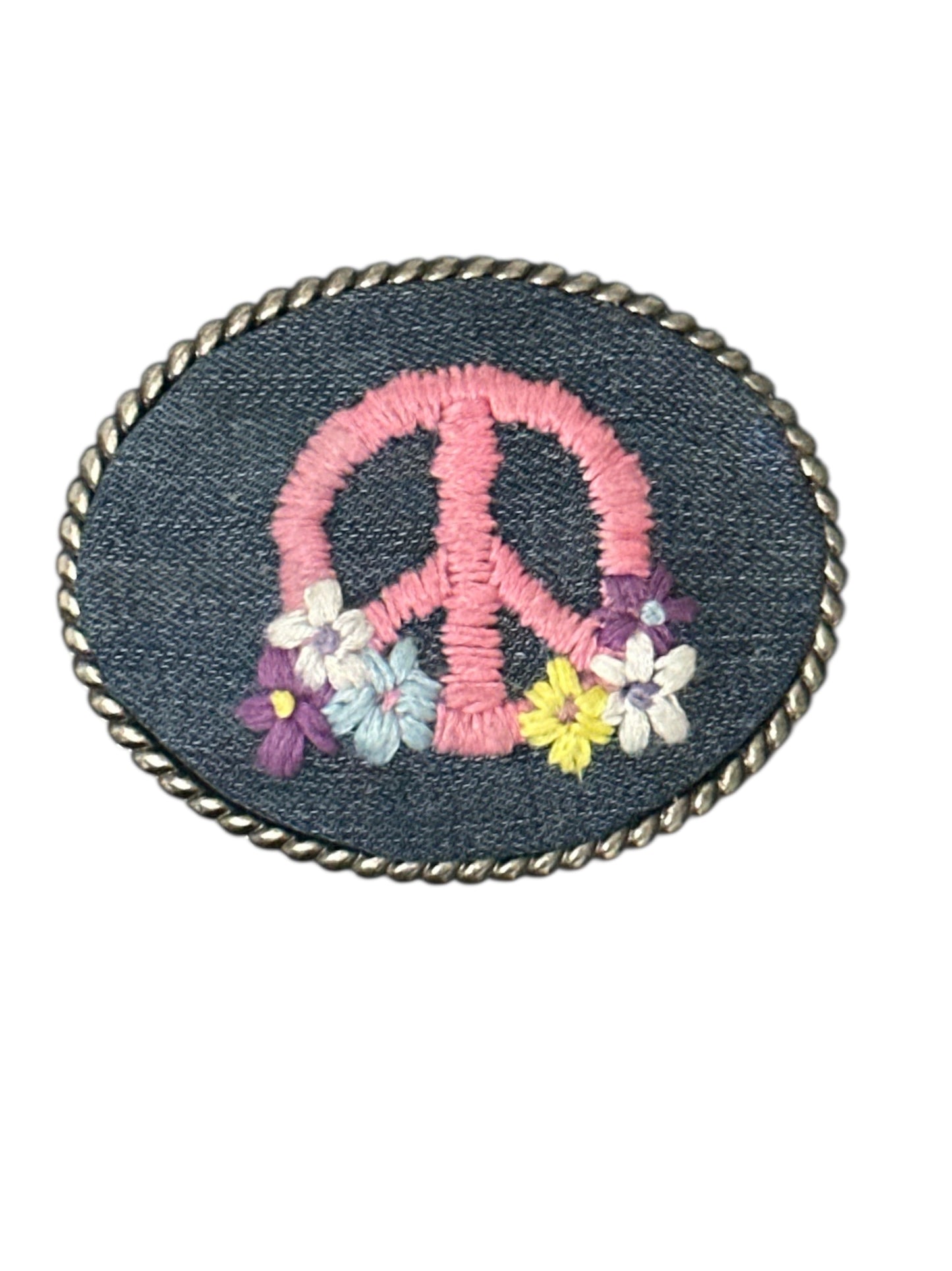 Peace Sign With Flowers Hand Stitched on Denim