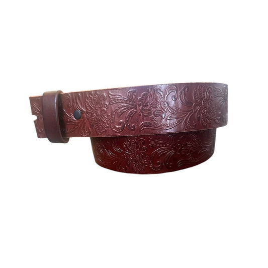 Brown Western Embossed Leather No Buckle Belt
