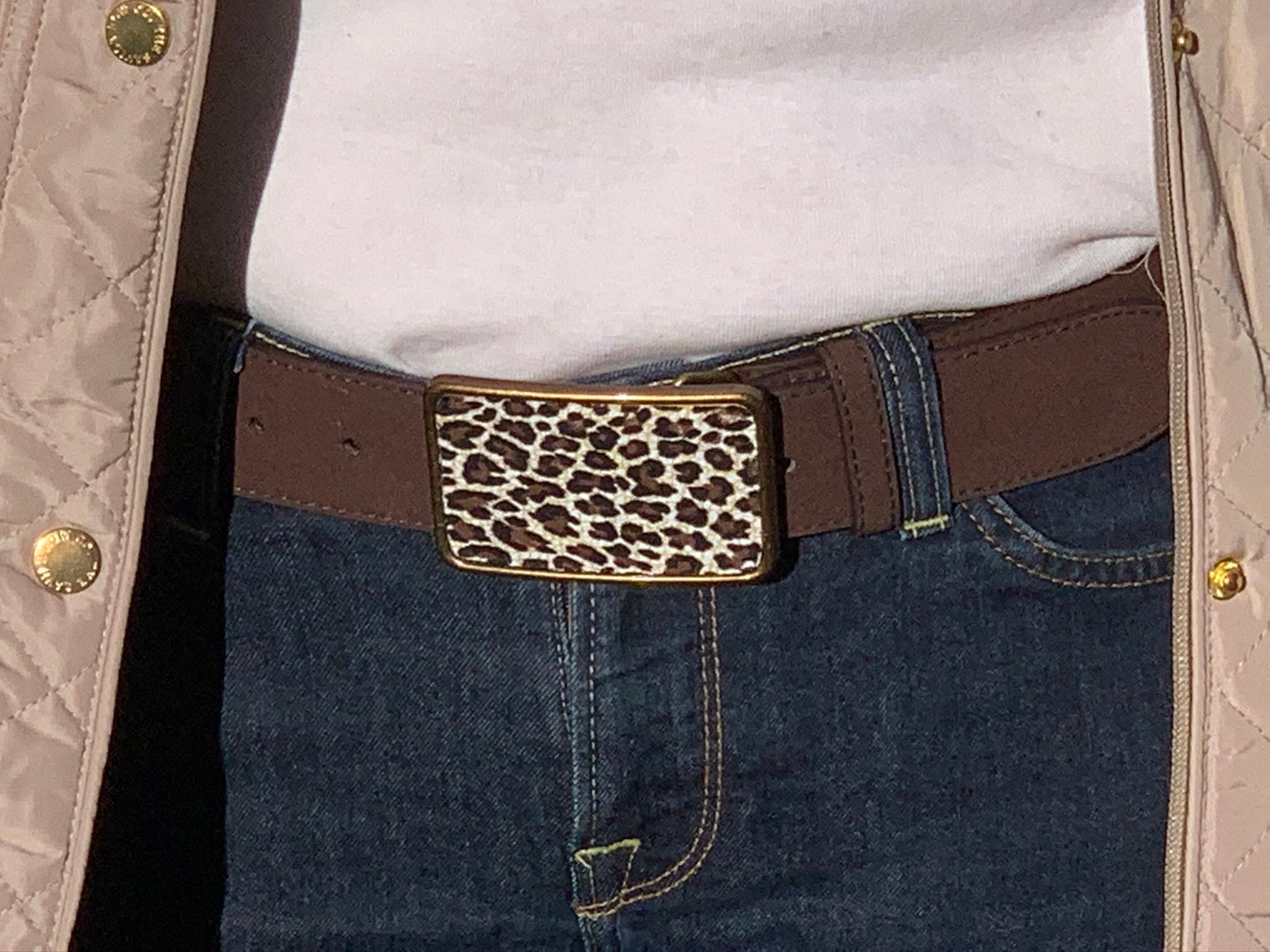 Leopard Print Leather Belt Buckle in White and Black Interchangeable Belt Set