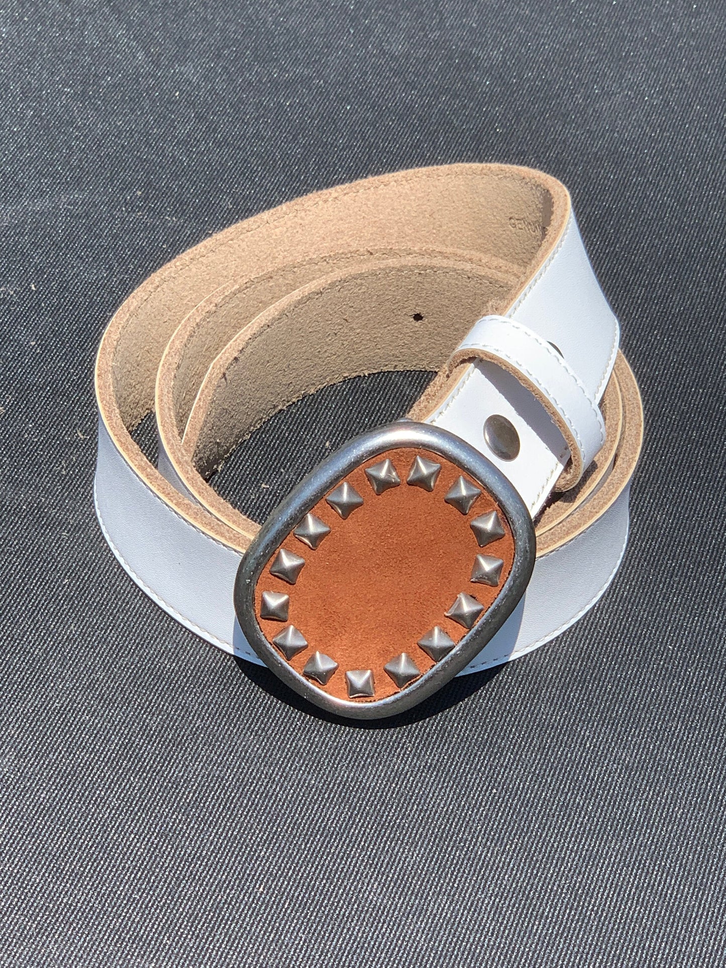 Studded Cognac Brown Suede Oval Belt Buckle