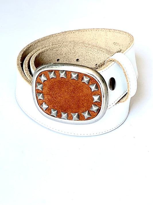 Studded Cognac Brown Suede Oval Belt Buckle
