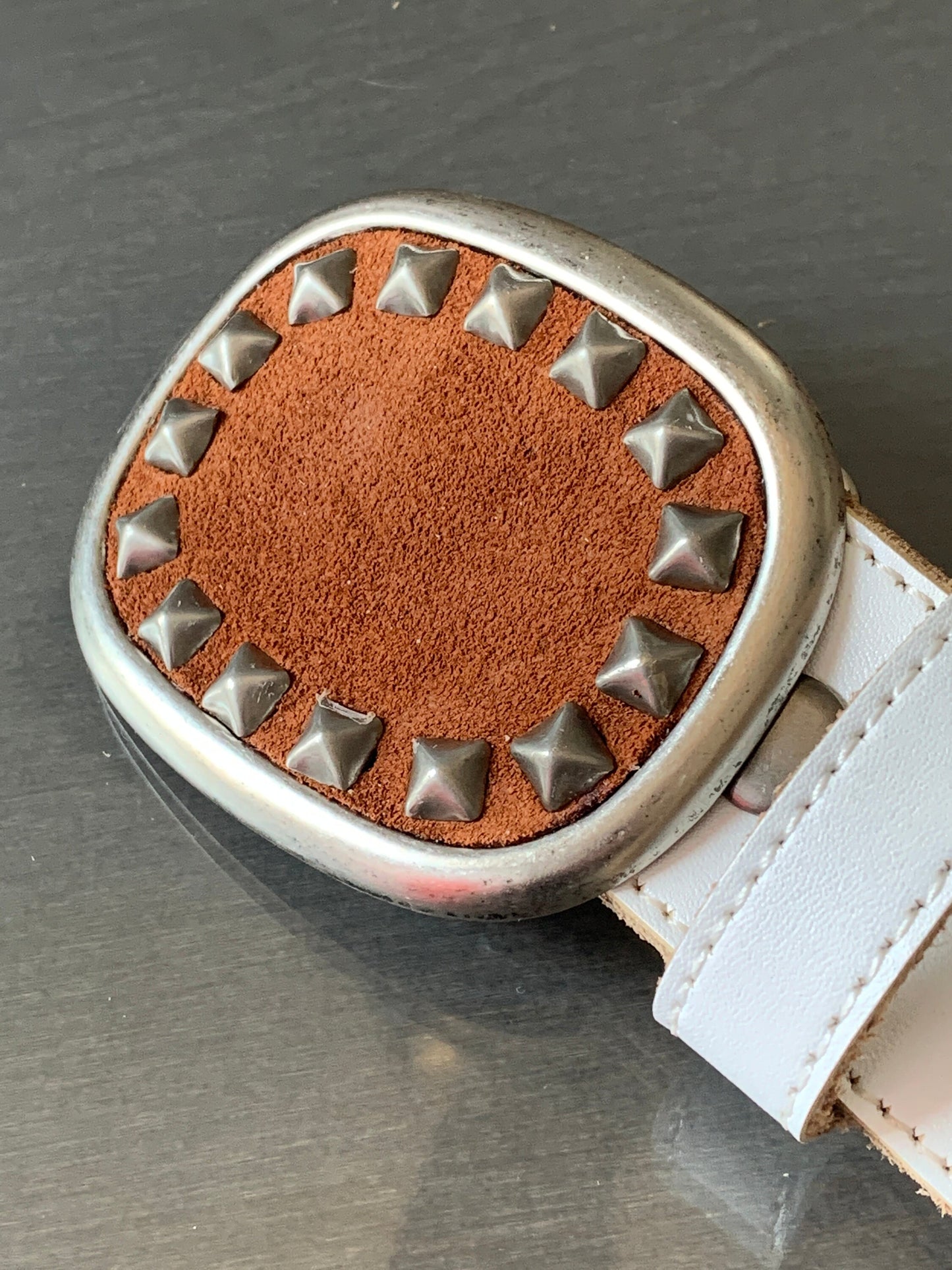 Studded Cognac Brown Suede Oval Belt Buckle