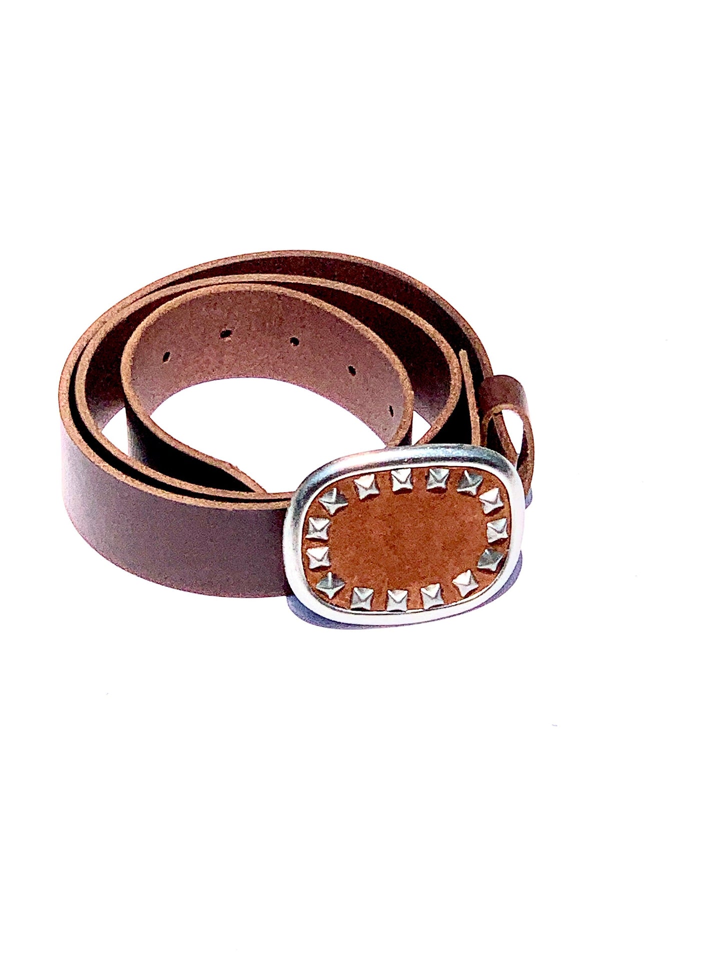 Studded Cognac Brown Suede Oval Belt Buckle