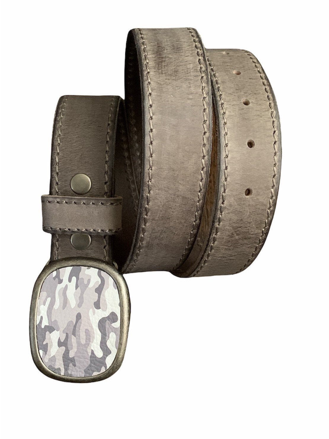 Camouflage White and Gray Oval Leather Belt Buckle