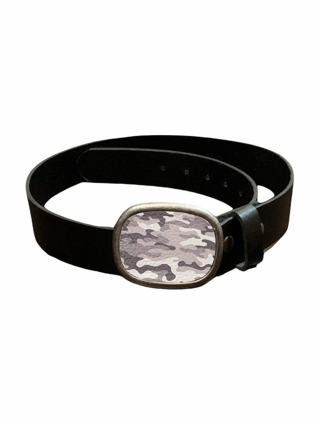 Camouflage White and Gray Oval Leather Belt Buckle