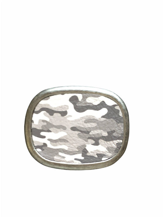 Camouflage White and Gray Oval Leather Belt Buckle